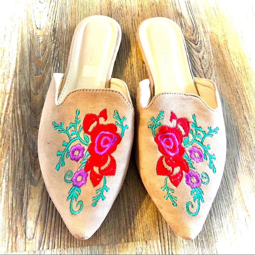 Stylo Floral Embroidery Flat Slip-On Pointed Mules Nude/Multi-Colored